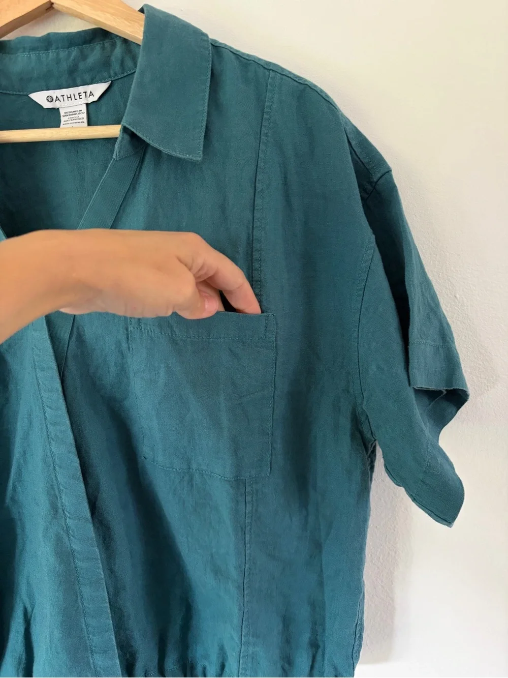 Athleta Playa Linen Tie True Wrap Short Sleeve Top In Borealis Green Size Large - Picture 5 of 14